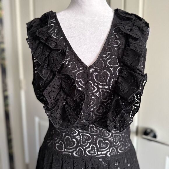 Love Moschino Black Heart Lace Ruffle and Pleated Maxi Dress Size 6 - Picture 2 of 11